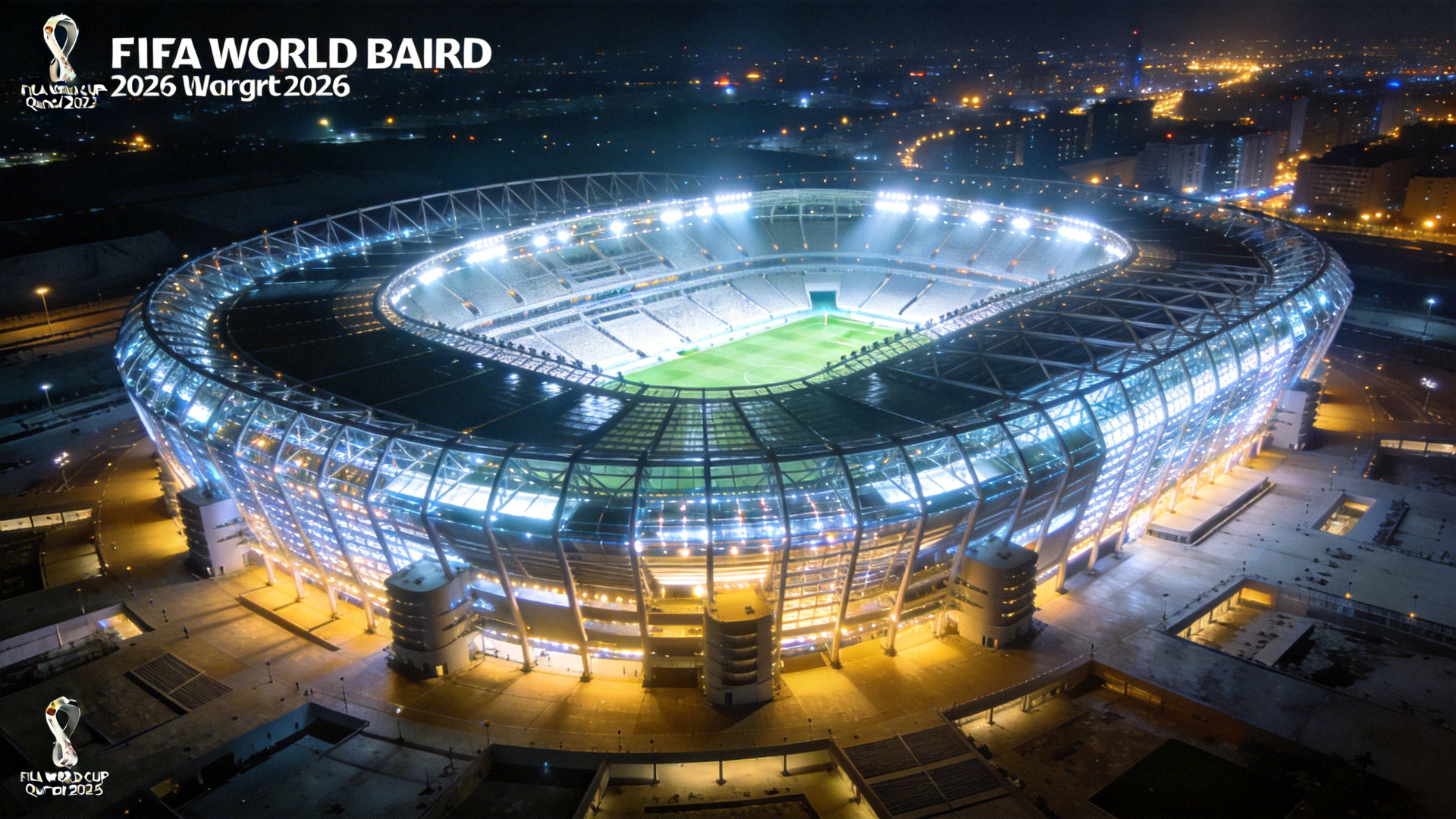 2026年国际足联世界杯主体育场宏伟夜景 - 璀璨灯光下的现代化足球场